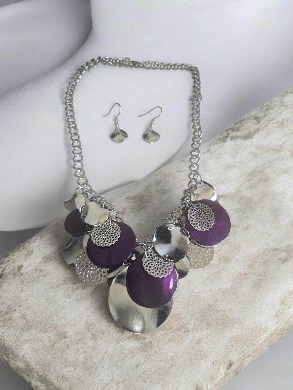 Women's Silver Chain Necklace with Purple Disc Accents